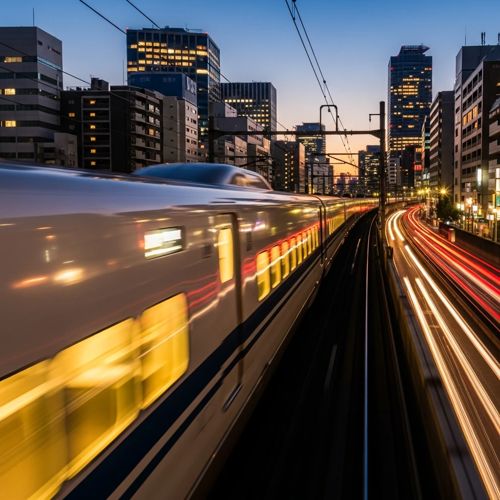 夕暮れの都市を走る新幹線——街から街へ、移動する働き方